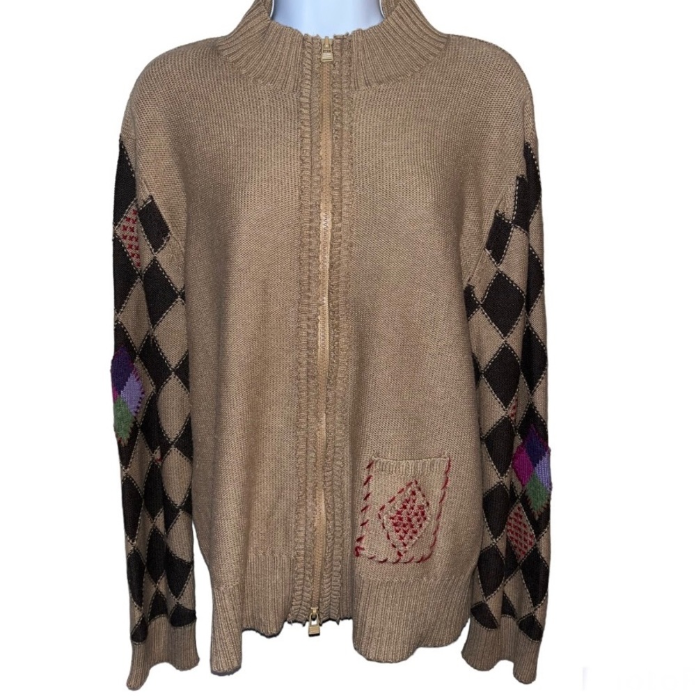 Beige Zip-Front Argyle Sleeve Women's Sweater